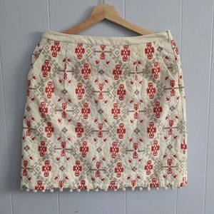 Anthropologie Cream Skirt with Red and Taupe Embroidery